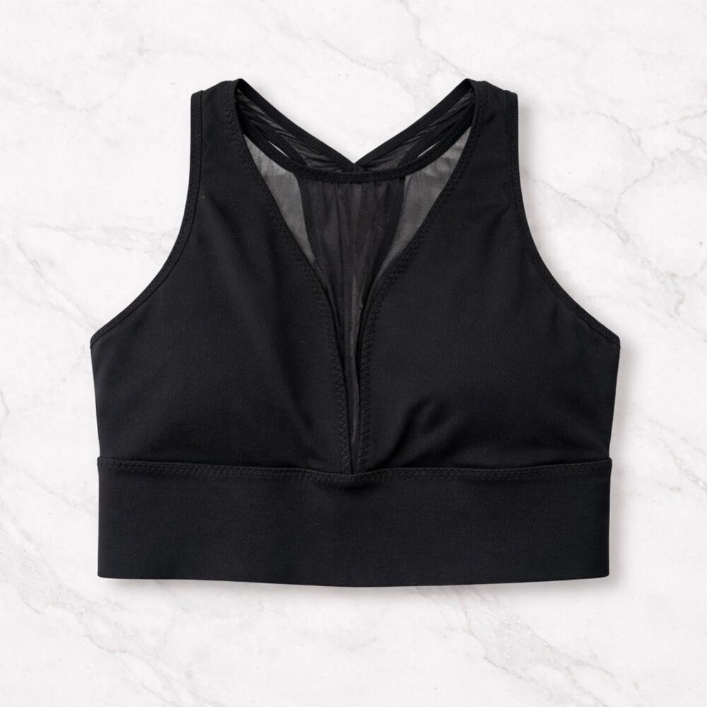 Athleta Black Mesh V Neck Longline Racerback Sports Bra Sz L